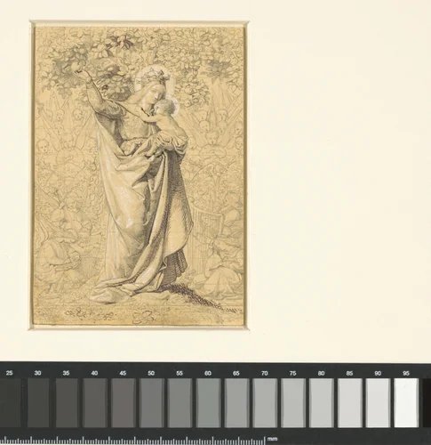 Maria met het Kind, staande onder een appelboom, temidden van musicerende engelen by Friedrich Franz Maria Stummel, drawing, 1860-1919