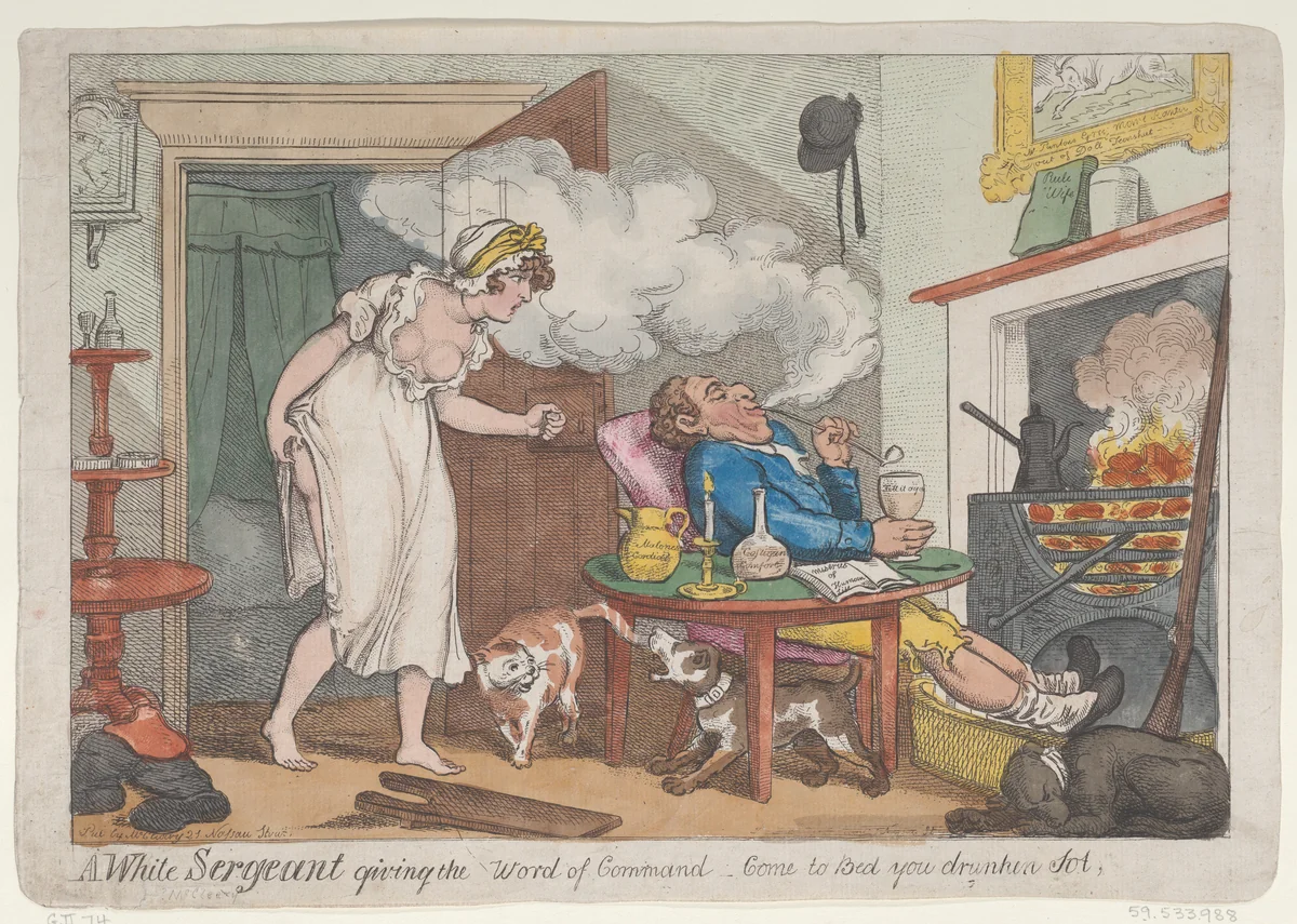 A White Sergeant giving the word of command - "Come to Bed you drunken sot" by Thomas Rowlandson, print, 1807