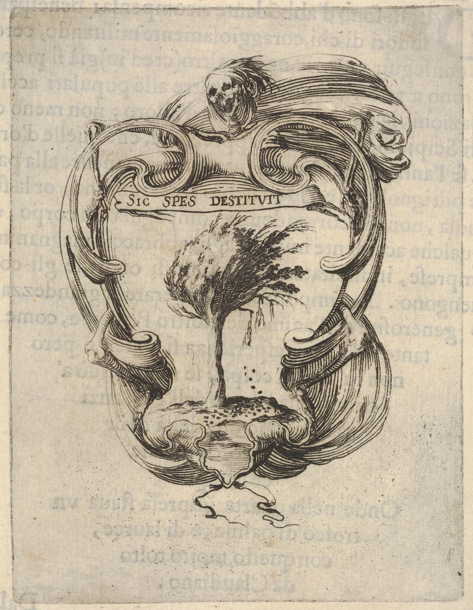 A cartouche with a tree blowing in the wind, a skull with drapery at top, bones to either side, from "Eight Emblems for the Funeral of Francesco de Medici" (Huit emblèmes pour les funérailles du prince François de Médicis) by Stefano della Bella, print, 1640-1660