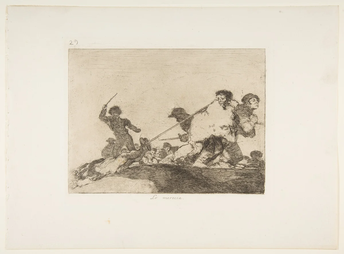 Plate 29 from "The Disasters of War" (Los Desastres de la Guerra): 'He deserved it' (Lo merecia) by Goya, print, 1805-1815