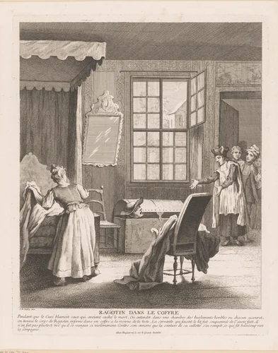 Slaapkamerinterieur met Ragotin in een kist by Gabriel Huquier, print, 1705-1772