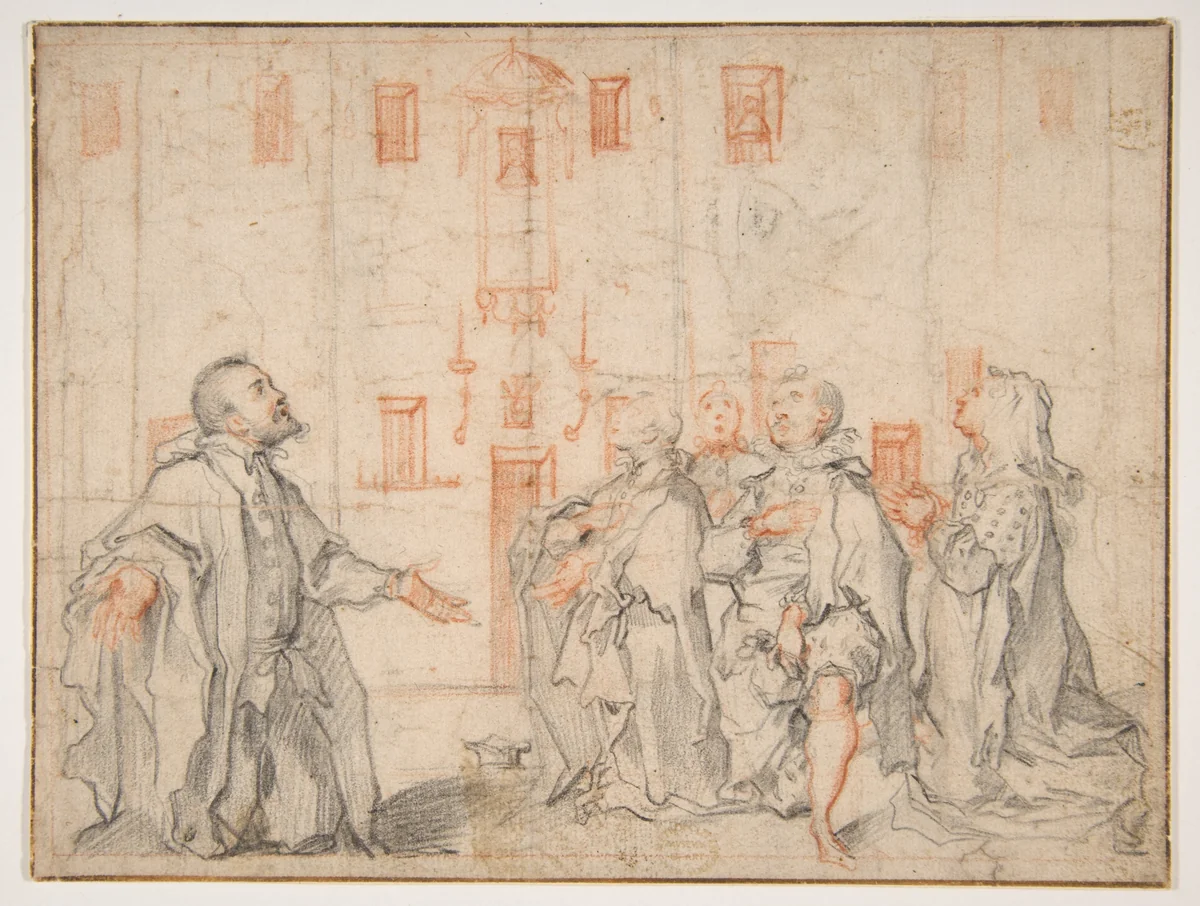 Family Group Kneeling Before a Street Shrine by Ventura Salimbeni, drawing, 1580-1615