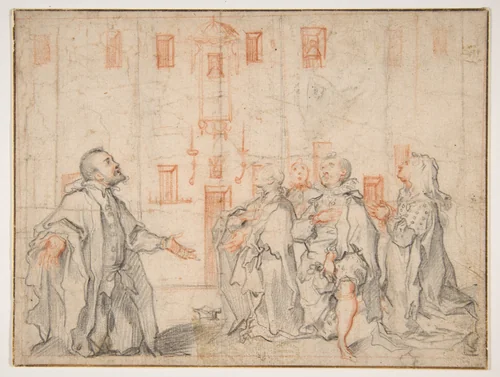 Family Group Kneeling Before a Street Shrine by Ventura Salimbeni, drawing, 1580-1615