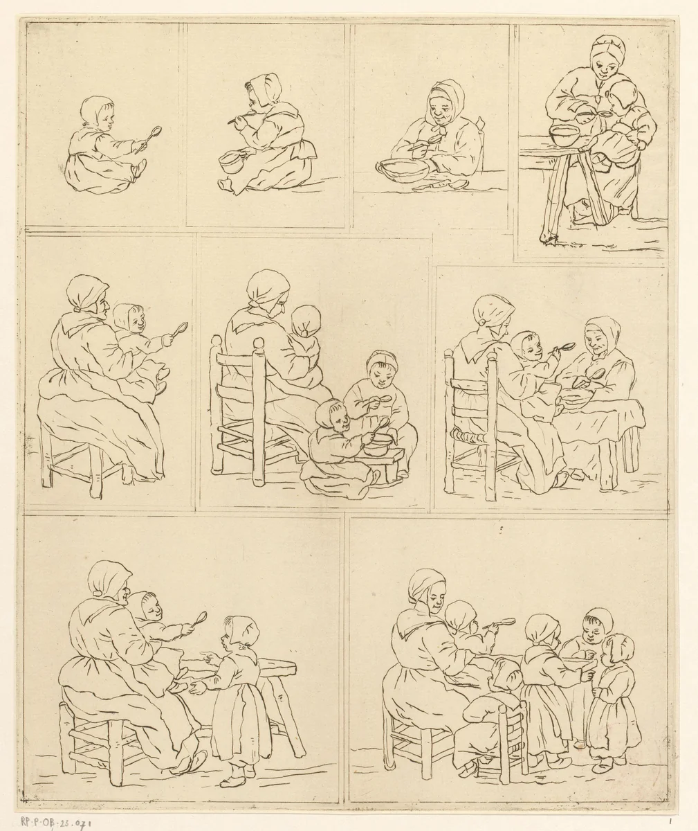 Negen voorstellingen van eten met een lepel by Pieter de Mare, print, 1768-1796