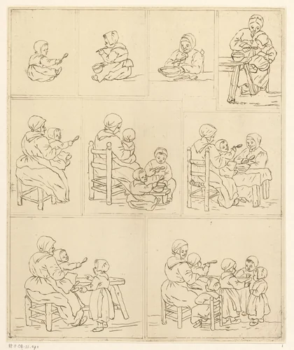 Negen voorstellingen van eten met een lepel by Pieter de Mare, print, 1768-1796