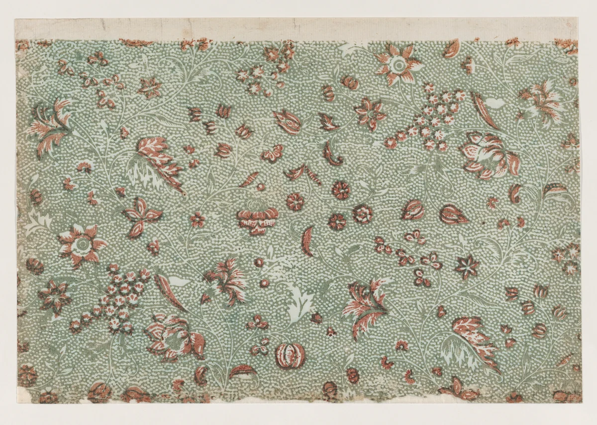 Sheet with overall floral and vine pattern with dots by anonymous, print, 1800-1900