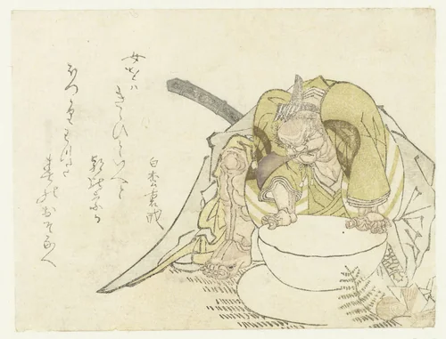 Asashina Saburô probeert een rijstkoek te breken by anonymous, print, 1790-1800