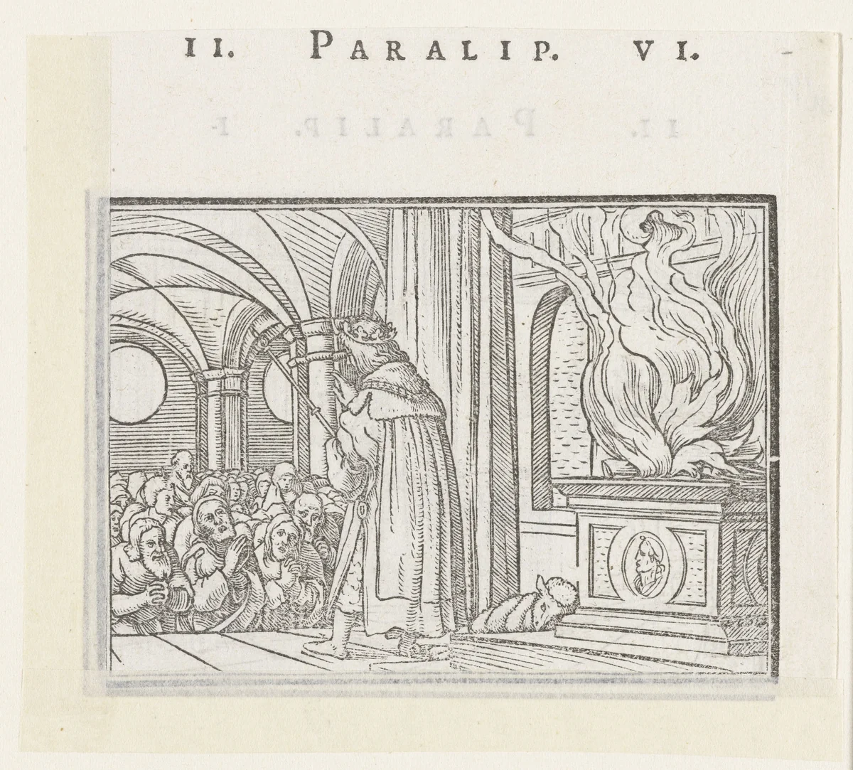 Salomo zegent het volk in de tempel by Hans Holbein, print, 1538