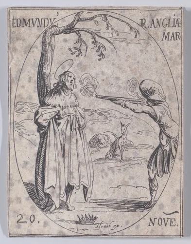 S. Edmund, Roi d'Angleterre, Martyr (St. Edmund, King of England, Martyr), November 20th, from "Les Images De Tous Les Saincts et Saintes de L'Année" (Images of All of the Saints and Religious Events of the Year) by Jacques Callot, print, 1636
