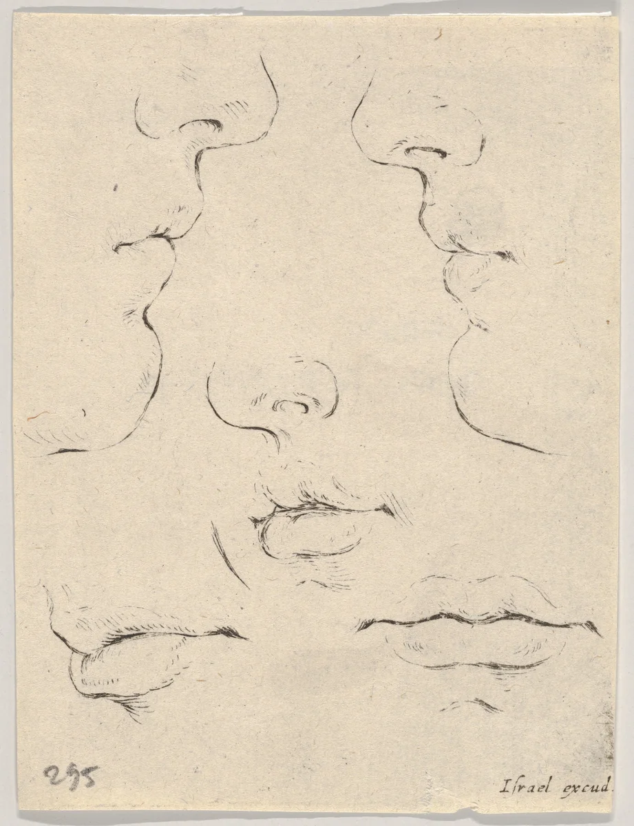 Plate 4: Two profiles and three mouths, from "The Book for Learning to Draw" (Livre pour apprendre à dessiner) by Stefano della Bella, print, 1647-1652