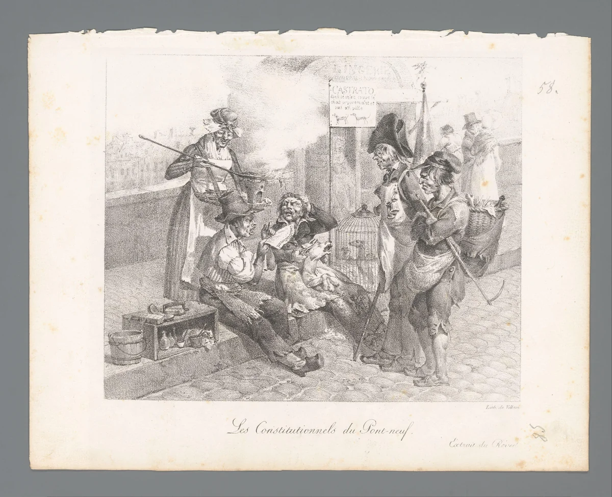Arme mensen op de Pont Neuf by anonymous, print, 1823