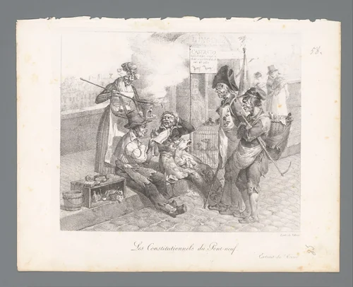 Arme mensen op de Pont Neuf by anonymous, print, 1823