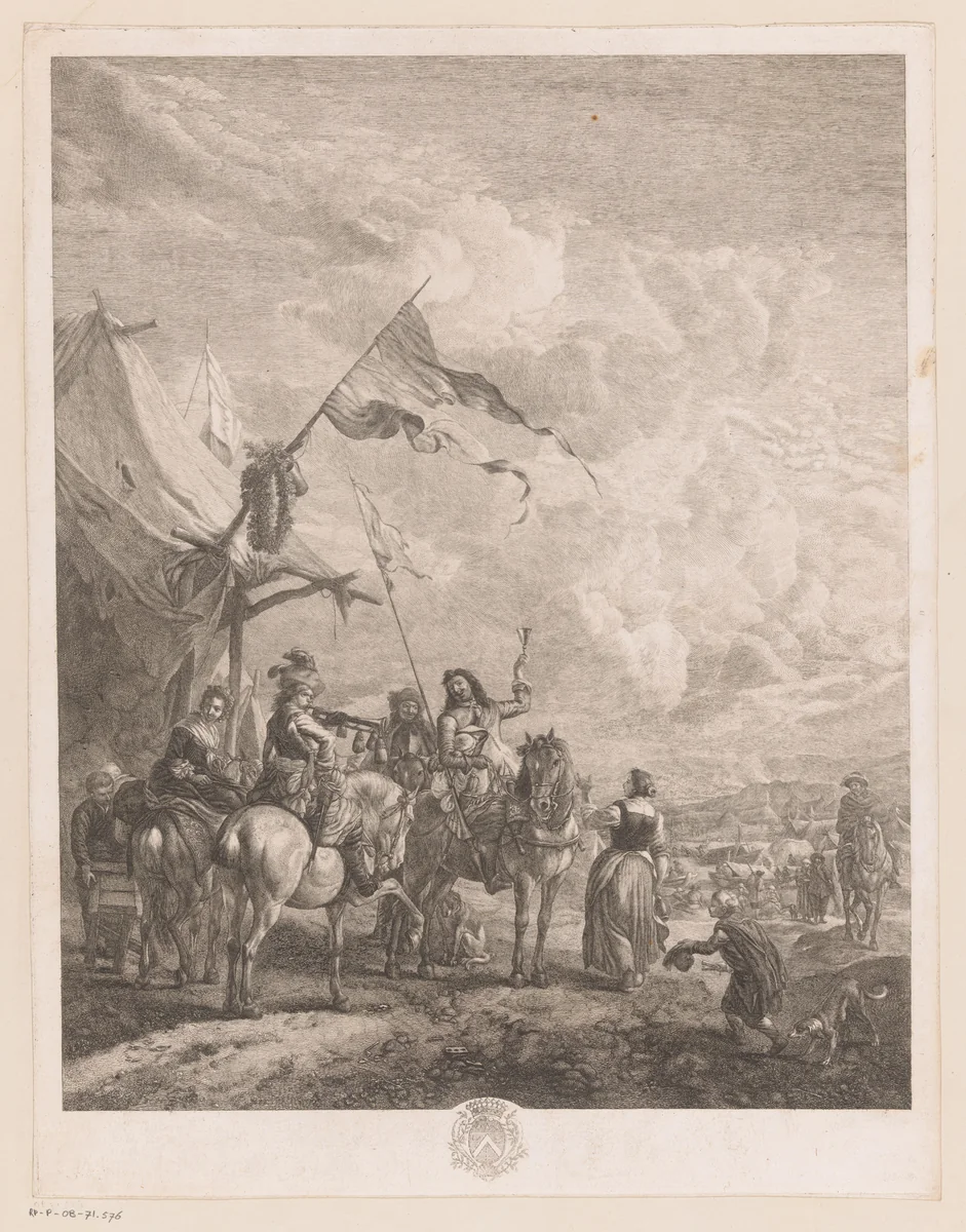 Ruiters en overige figuren bij een tent by Jean Moyreau, print, 1753