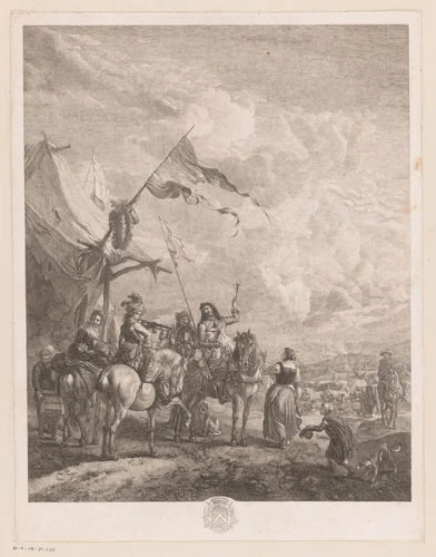 Ruiters en overige figuren bij een tent by Jean Moyreau, print, 1753