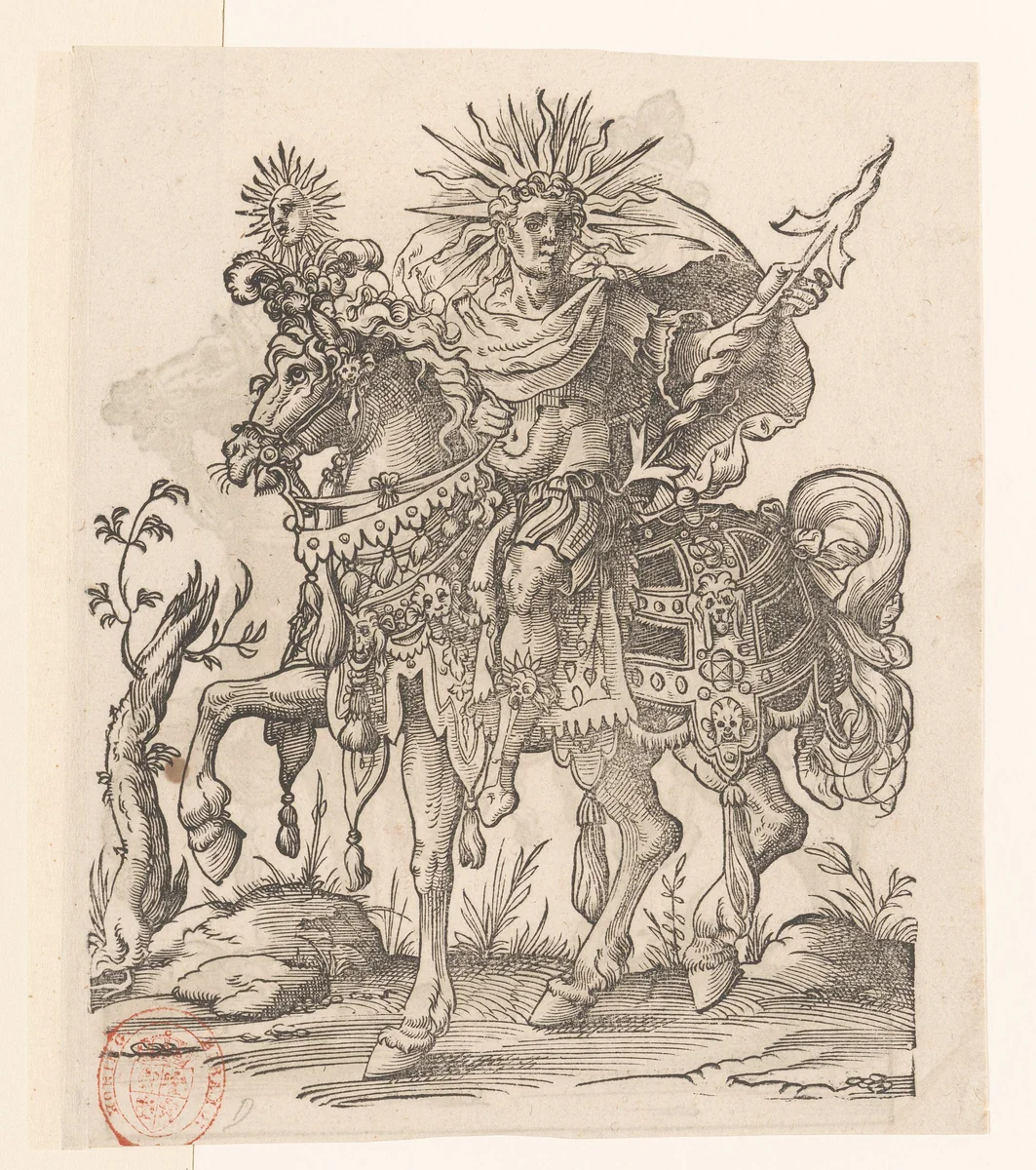 Man te paard gekleed als Apollo by Jost Amman, print, 1584