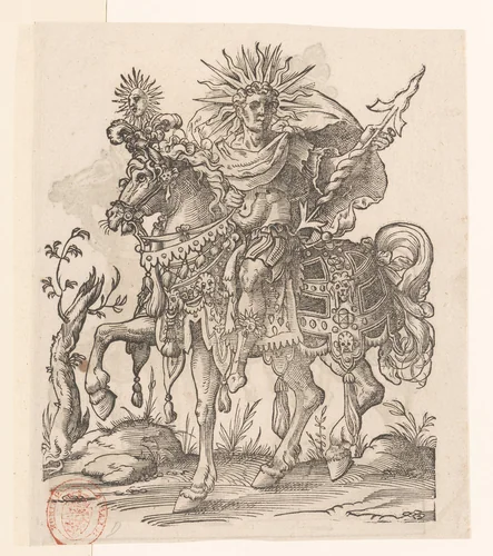 Man te paard gekleed als Apollo by Jost Amman, print, 1584