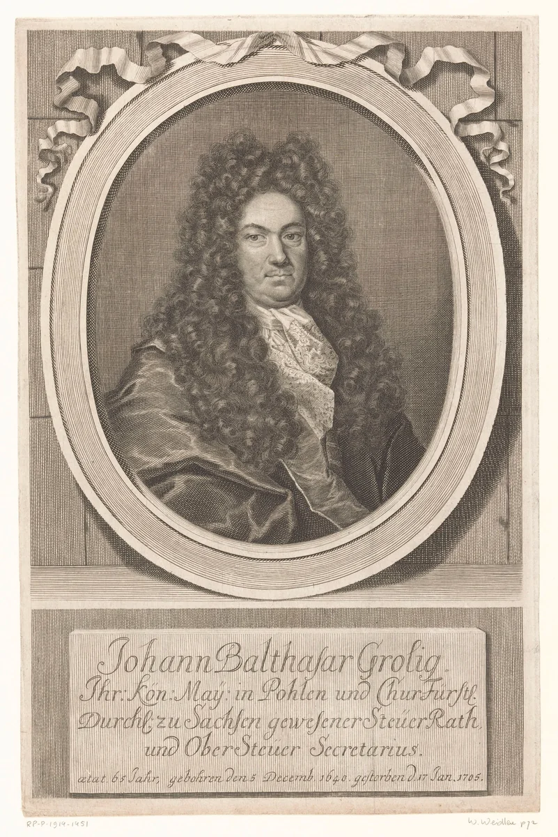 Portret van Johann Balthasar Grolig by Martin Bernigeroth, print, 1705-1733