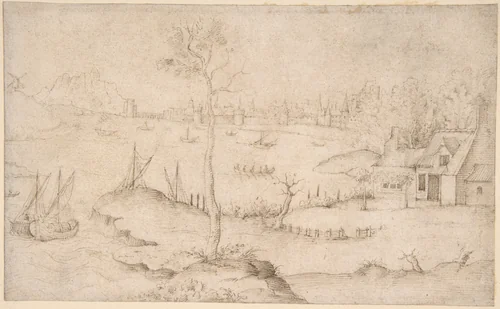 Landscape with a Walled City and a Large Body of Water by Matthijs Cock, drawing, 1515-1548