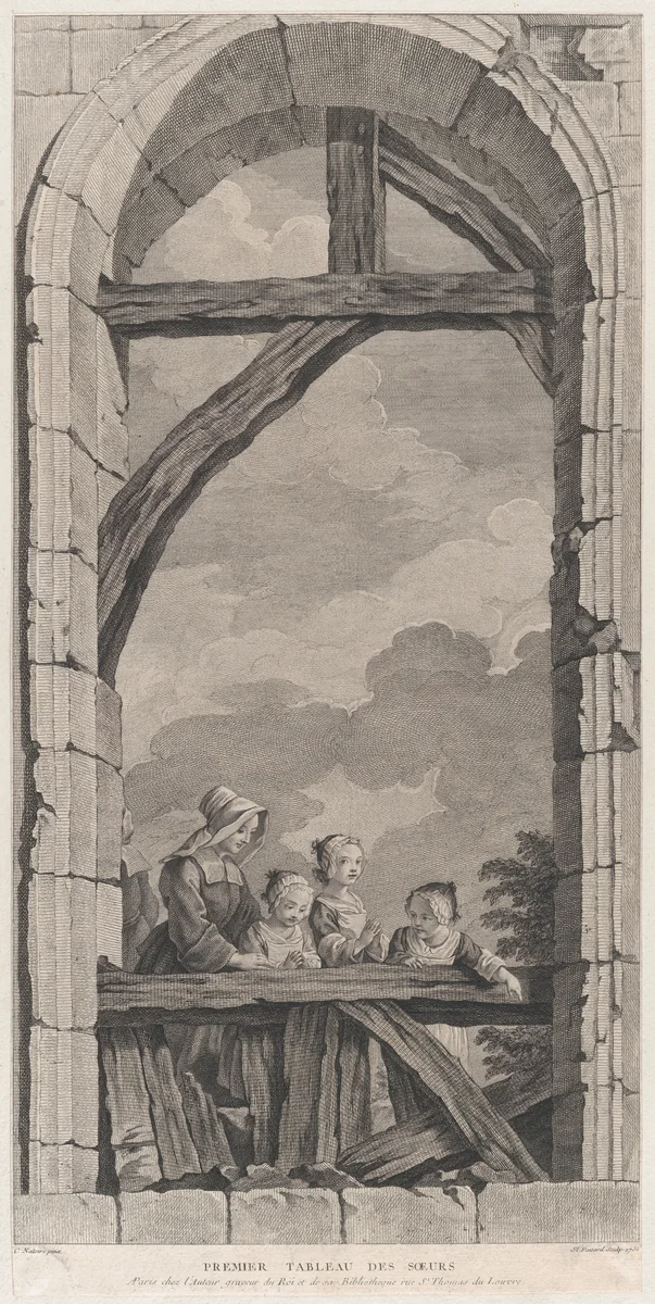 The Chapel of the Enfants-Trouvés in Paris: Religieuse et petites filles regardant la crèche by Etienne Fessard, print, 1756