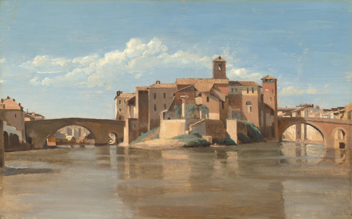 The Island and Bridge of San Bartolomeo, Rome by Jean-Baptiste-Camille Corot, painting, 1825-1828