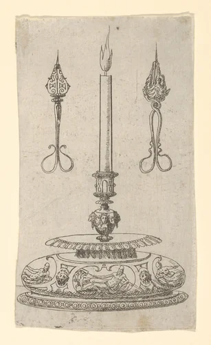 Design for a Candlestick with Candle Wick Trimmers by Erasmus Hornick, print, 1555-1565
