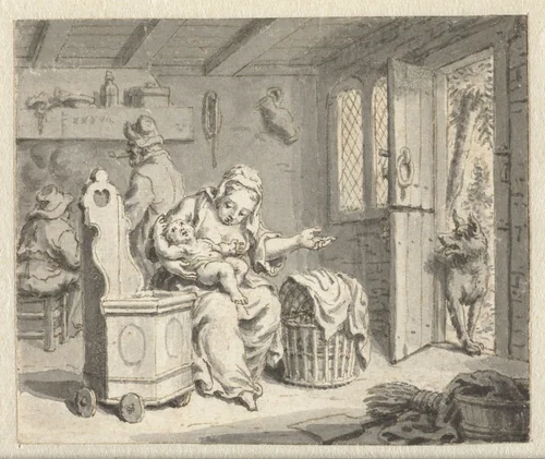Wolf, de moeder en het kind by anonymous, drawing, 1668-1740