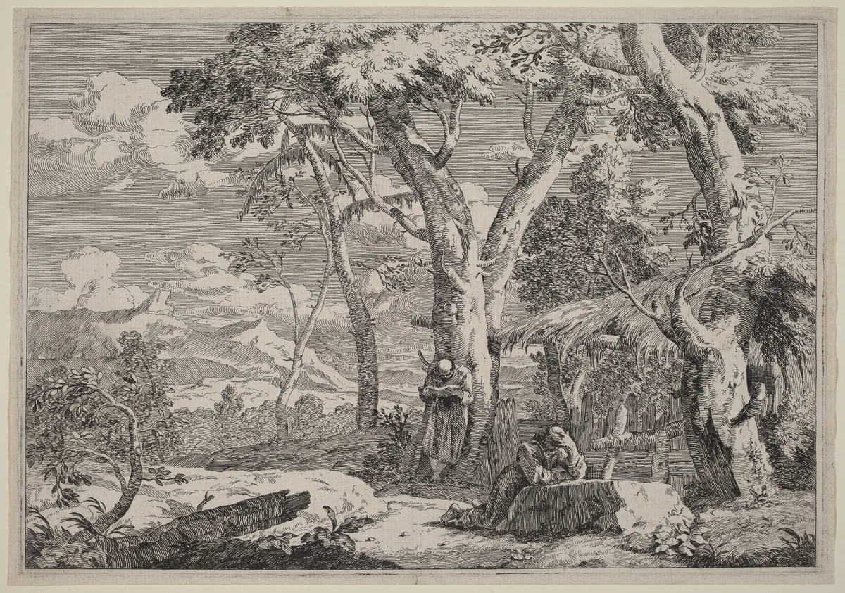 Wilderness Landscape with Two Monks by Marco Ricci, print, 1676-1729