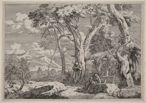 Wilderness Landscape with Two Monks by Marco Ricci, print, 1676-1729