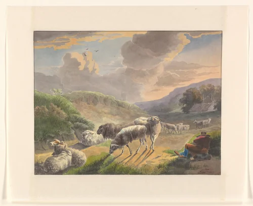 Herder en schapen in een landschap bij zonsondergang by Johannes van Reijn, drawing, 1800-1900