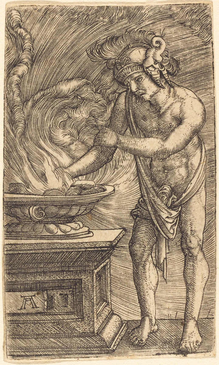 Mucius Scaevola Burning His Hand by Albrecht Altdorfer, print, 1520-1530
