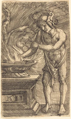 Mucius Scaevola Burning His Hand by Albrecht Altdorfer, print, 1520-1530