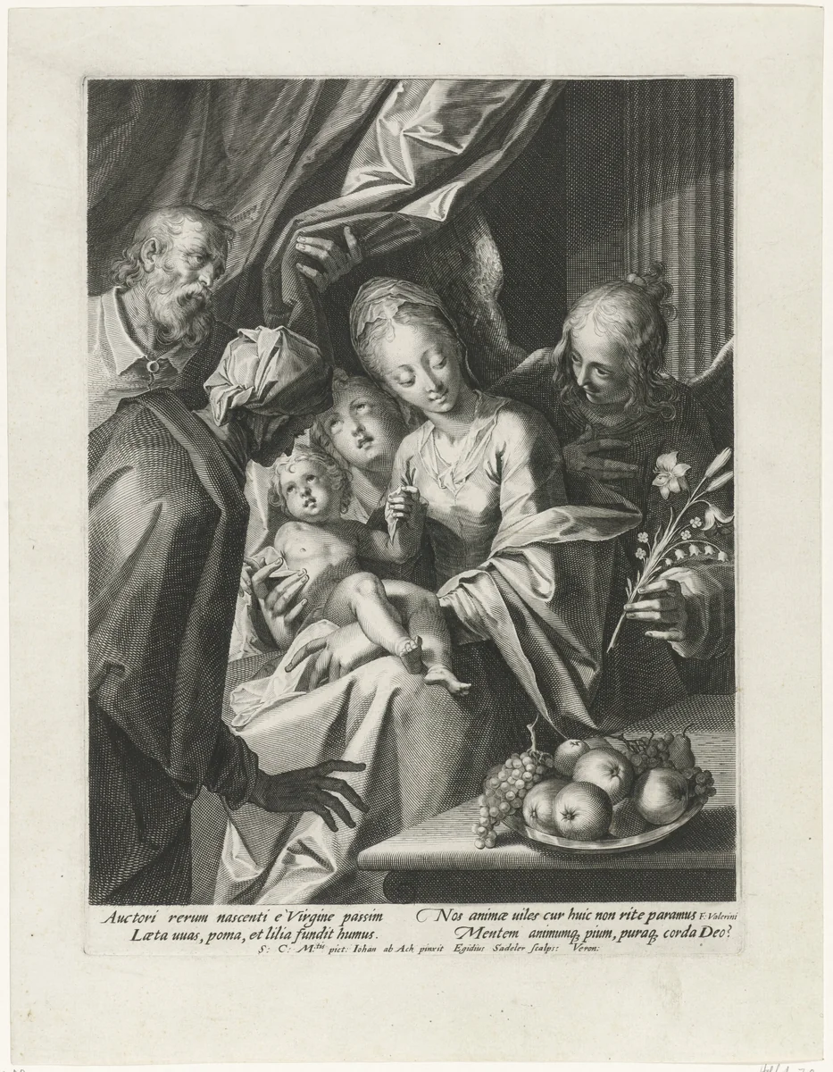 Heilige familie met de heilige Anna en twee engelen by Unknown, print, 1593