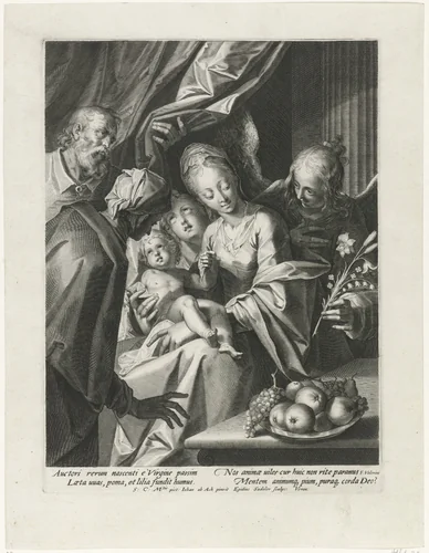Heilige familie met de heilige Anna en twee engelen by Unknown, print, 1593