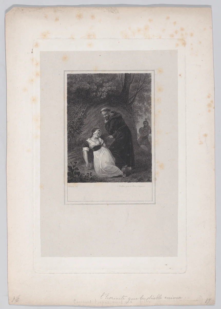 A monk reaching out to touch a woman's breast by Jean Bosq, print, 1823