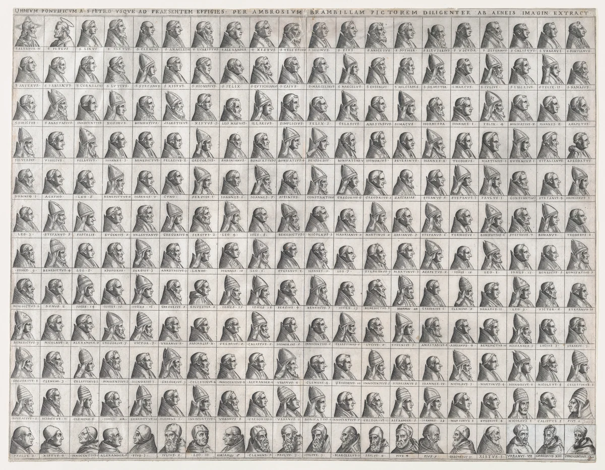 Small Portraits of the Popes from Christ to Innocent IX, from "Speculum Romanae Magnificentiae" by Giovanni Ambrogio Brambilla, print, 1585-1599