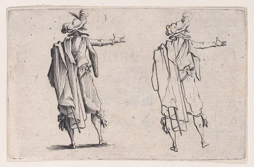 L'Homme Vu de Dos, La Main Droite Tendue (Man Viewed from Behind, Right Hand Extended), from Les Caprices Series B, The Nancy Set by Jacques Callot, print, 1617-1620