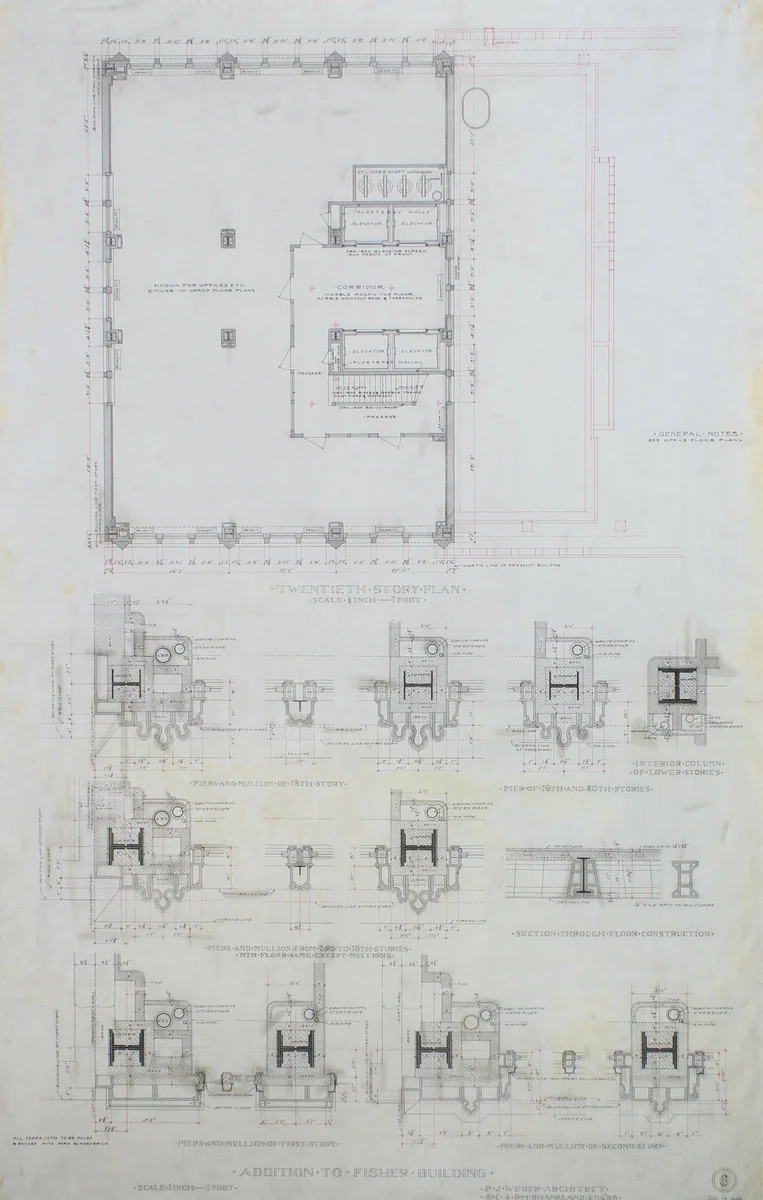 Fisher Building Addition, Chicago, Illinois, Detail by Peter Joseph Weber, drawing, 1890