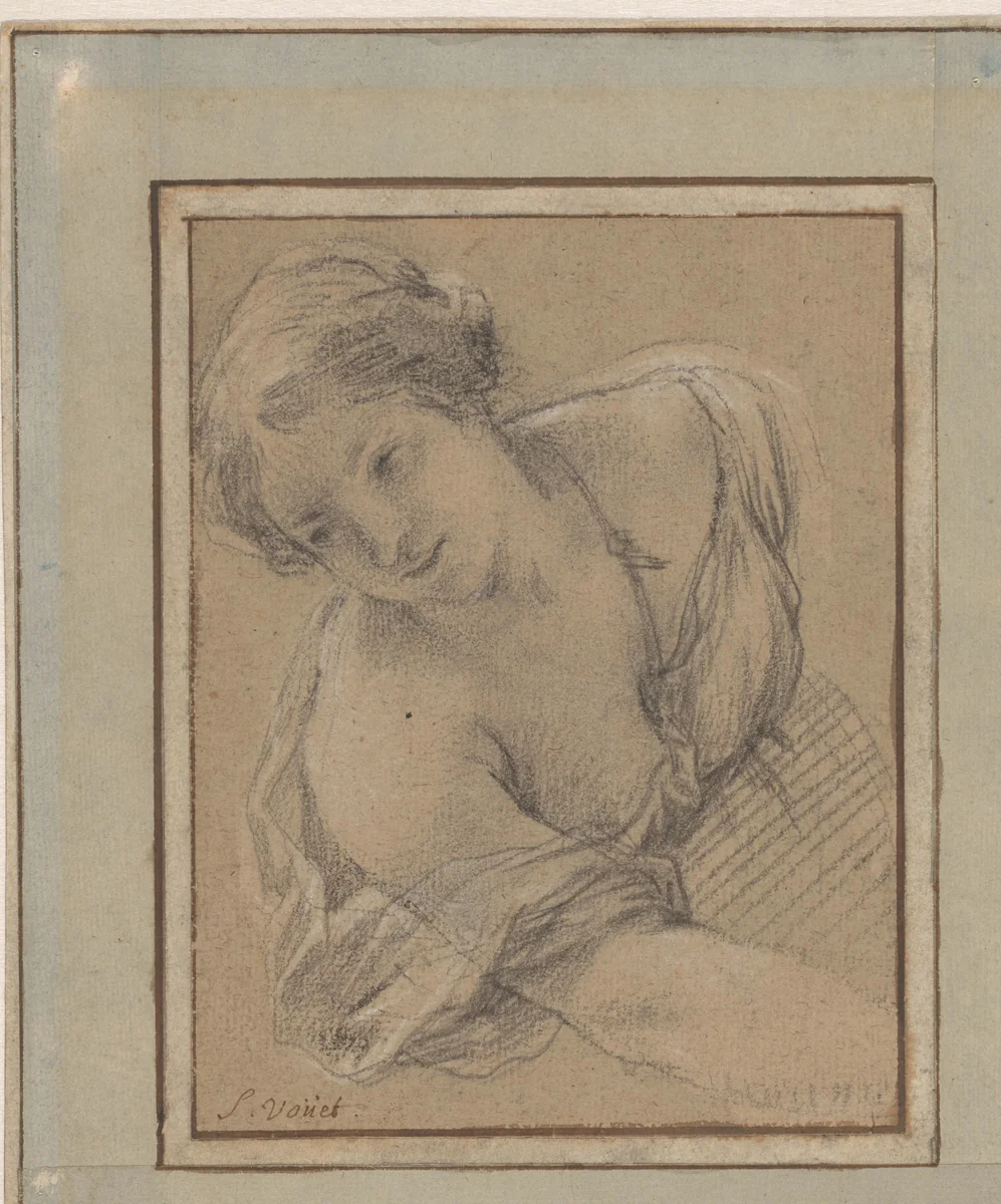 Studie van een buigende jonge vrouw by Simon Vouet, drawing, 1600-1659