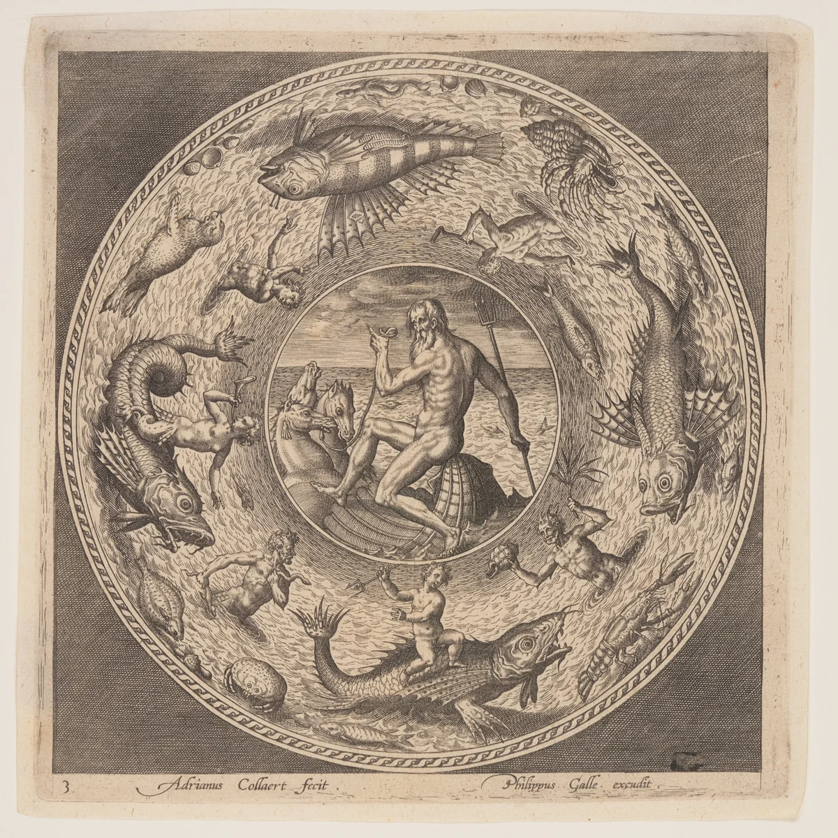 Poseidon, from a Set of Designs for Plates (Fonds de Coupe) by Adriaen Collaert, print, 1580-1600