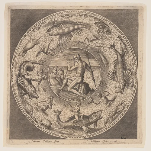 Poseidon, from a Set of Designs for Plates (Fonds de Coupe) by Adriaen Collaert, print, 1580-1600