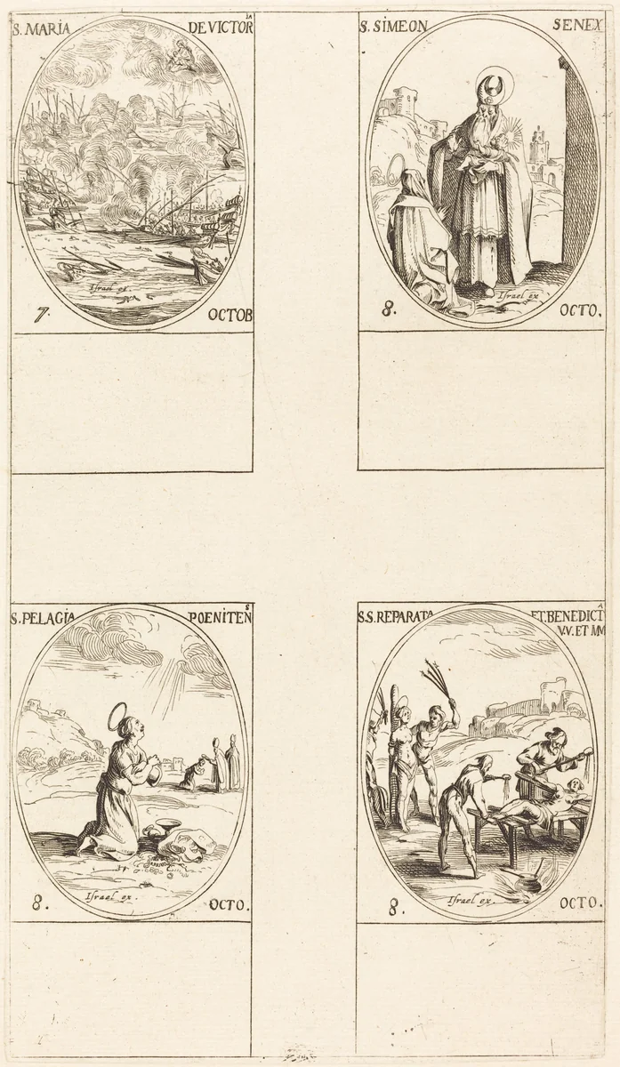 St. Mary of Victory; St. Simeon, Prophet; St. Pelagia; Sts. Reparata and Benedicta by Jacques Callot, print, 1627-1637