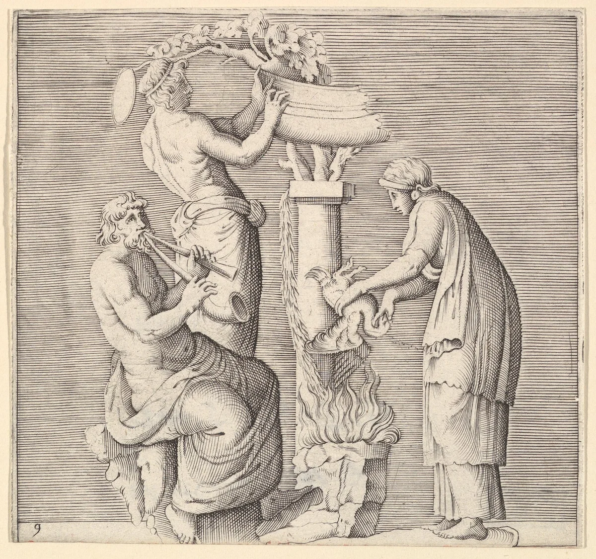 Sacrifice of a Swan, from "Ex Antiquis Cameorum et Gemmae Delineata/ Liber Secundus/et ab Enea Vico Parmen Incis" by anonymous, print, 1599-1622