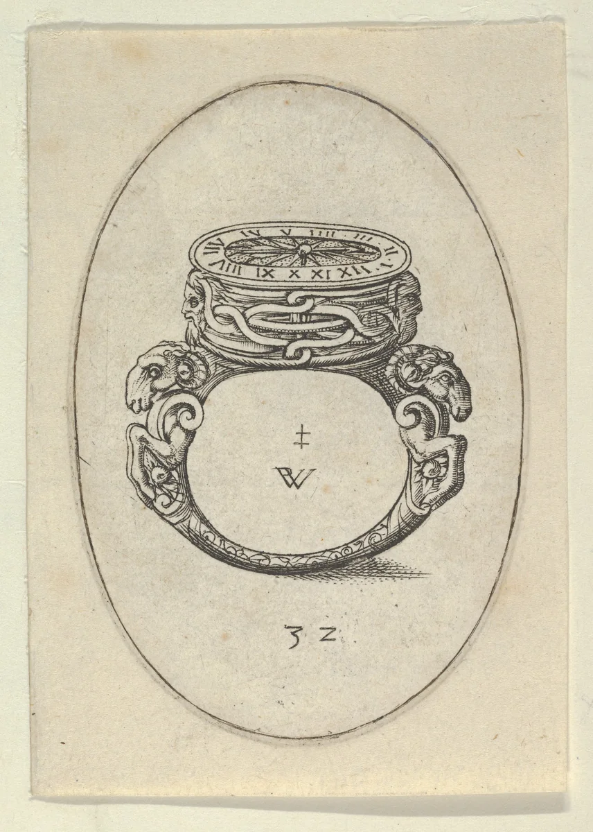 Design for a Ring Watch, Plate 32 from Livre d'Aneaux d'Orfevrerie by Pierre Woeiriot, print, 1561