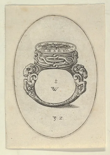 Design for a Ring Watch, Plate 32 from Livre d'Aneaux d'Orfevrerie by Pierre Woeiriot, print, 1561