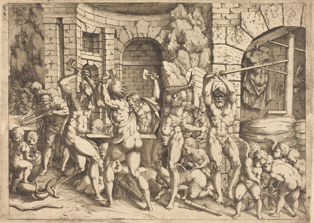 The Forge of Vulcan by Louis Elle I; Francesco Primaticcio, print, 1612-1689