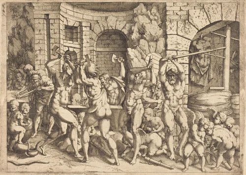 The Forge of Vulcan by Louis Elle I; Francesco Primaticcio, print, 1612-1689