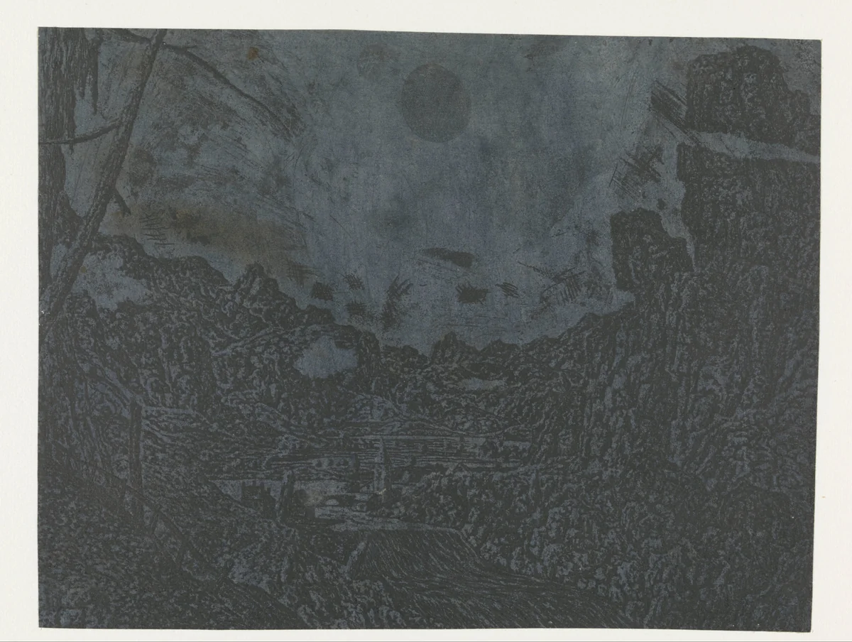 Landscape with a Waterfall, Second Version by Hercules Segers, print, 1625-1627