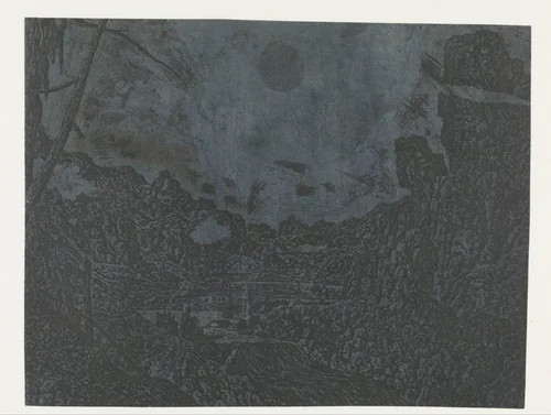 Landscape with a Waterfall, Second Version by Hercules Segers, print, 1625-1627