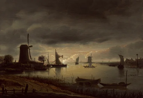 River Scene with Windmill and Boats, Evening by Anthonie van Borssom, painting, 1645