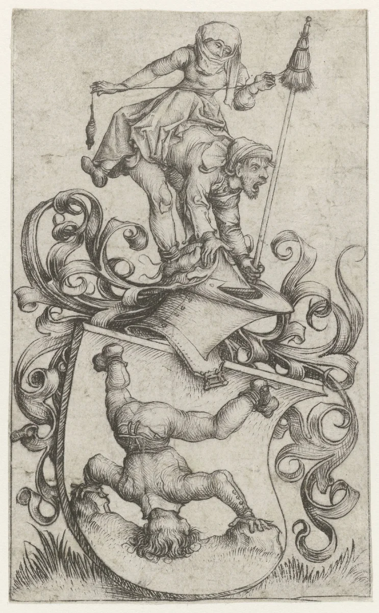 Coat of Arms with a Peasant Standing on his Head by Meester van het Amsterdamse Kabinet, print, 1485-1490